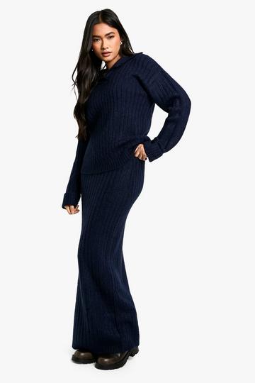 Soft Knit Thick Rib Collar Detail Jumper And Maxi Skirt Set navy