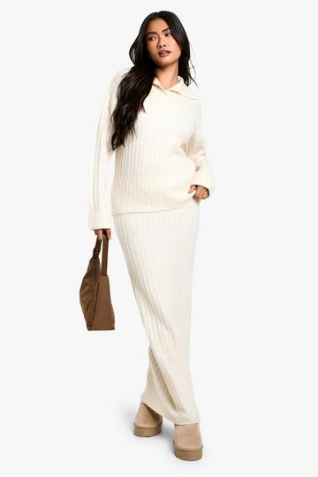 Soft Knit Thick Rib Collar Detail Jumper And Maxi Skirt Set ecru