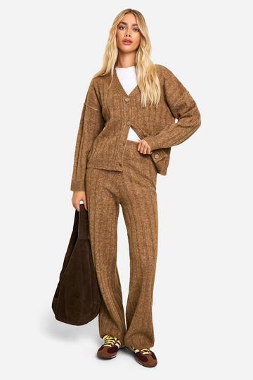 Camel Beige Soft Knit Thick Ribbed Cardigan And Wide Leg Trouser Set