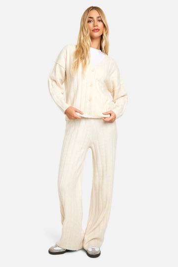 Ecru White Soft Knit Thick Ribbed Cardigan And Wide Leg Trouser Set