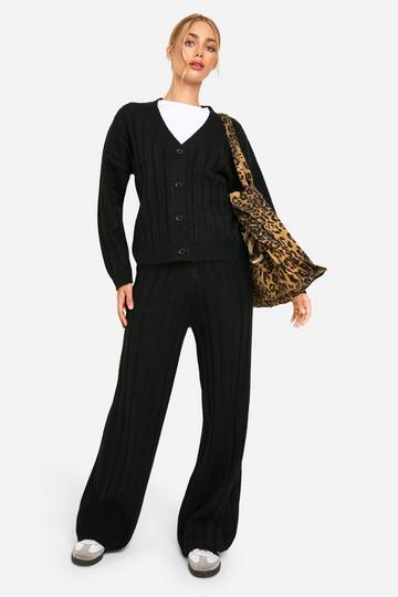 Black Soft Knit Thick Ribbed Cardigan And Wide Leg Trouser Set