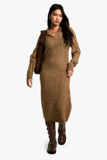 Soft Knit Thick Rib Collar Detail Midaxi Dress camel