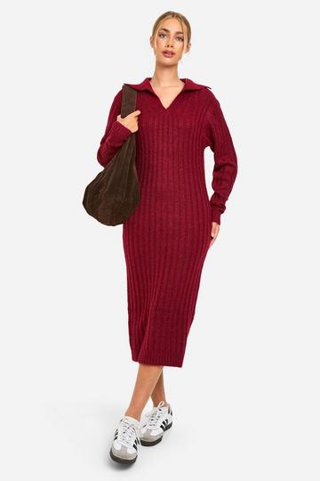 Soft Knit Thick Rib Collar Detail Midi Dress berry