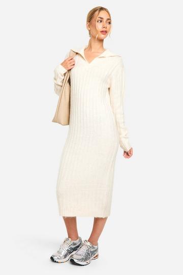 Soft Knit Thick Rib Collar Detail Midaxi Dress ecru