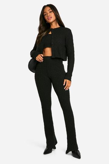 Soft Cable Knitted Cardigan, Crop Top And Flare Leg Pants 3 Piece Set black