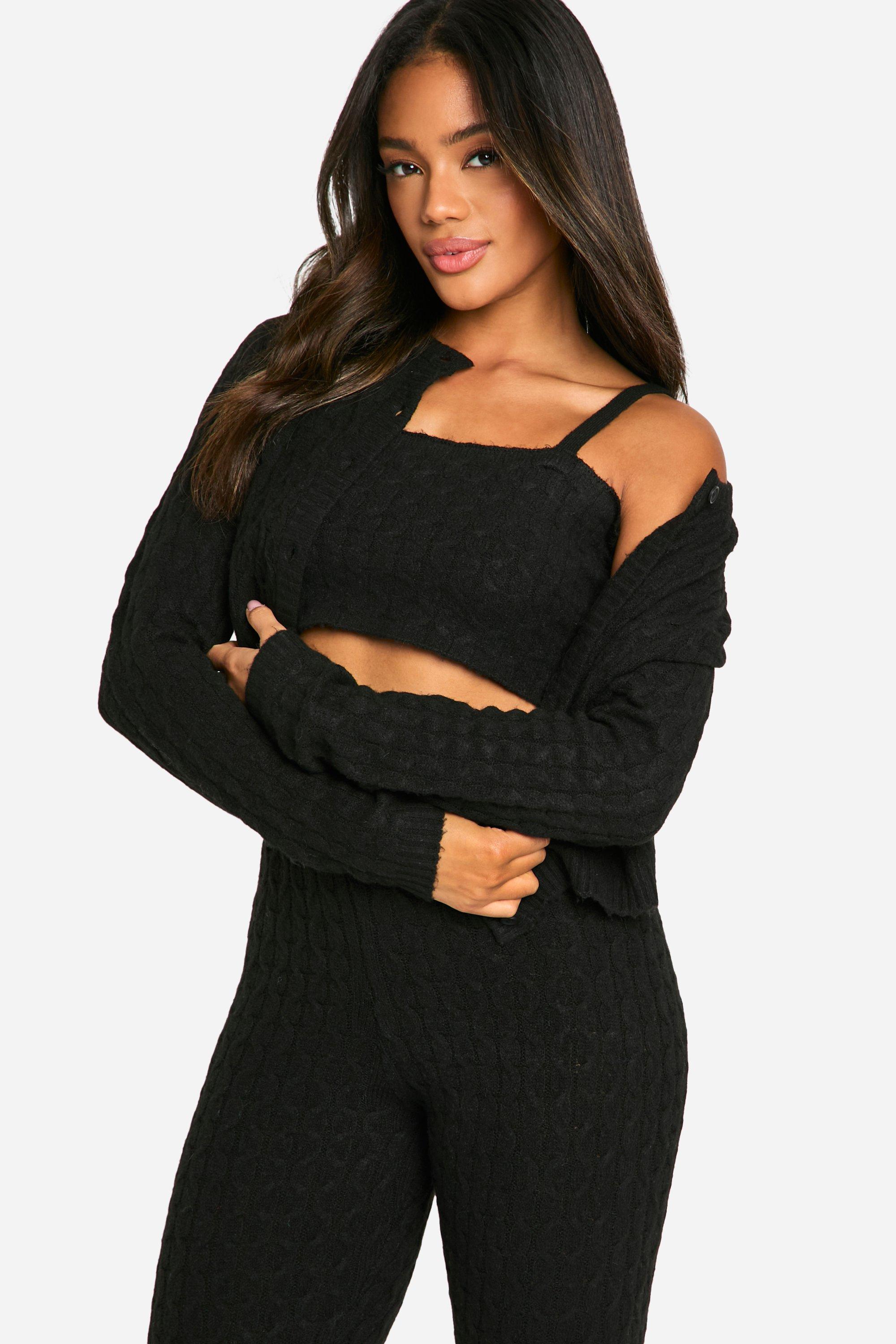 Soft Cable Knitted Cardigan, Crop Top And Flare Leg Trouser