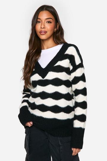 V Neck Stripe Oversized Knitted Jumper mono