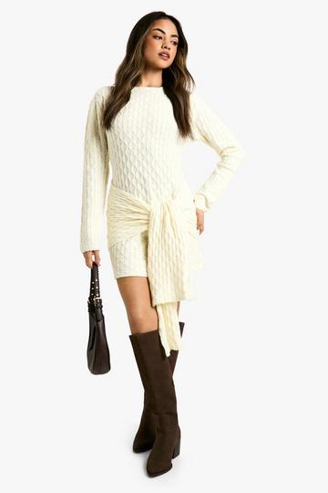 Soft Cable Oversized Tie Detail Knitted Mini Dress cream