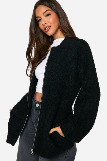 Borg Knitted Oversized Bomber Jacket black