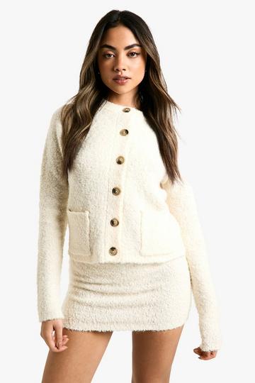 Borg Knitted Pocket Detail Crop Cardigan And Low Rise Micro Mini Skirt Sett ecru