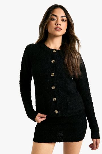 Korte Gebreide Pluizige Cardigan Met Zak Detail En Gebreid Hemd Set black