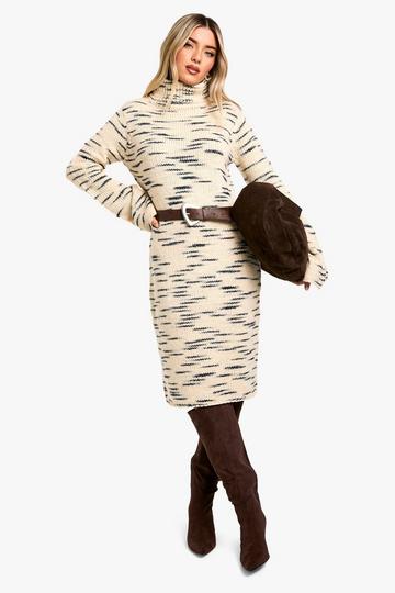 Stone Beige Premium Marl Knit Turtleneck Midi Dress