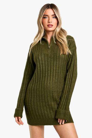 Soft Knit Rib Zip Neck Oversized Mini Dress khaki