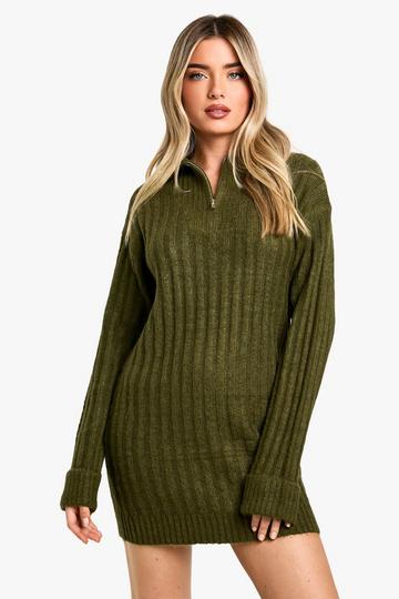 Soft Knit Rib Zip Neck Oversized Mini Jumper Dress khaki
