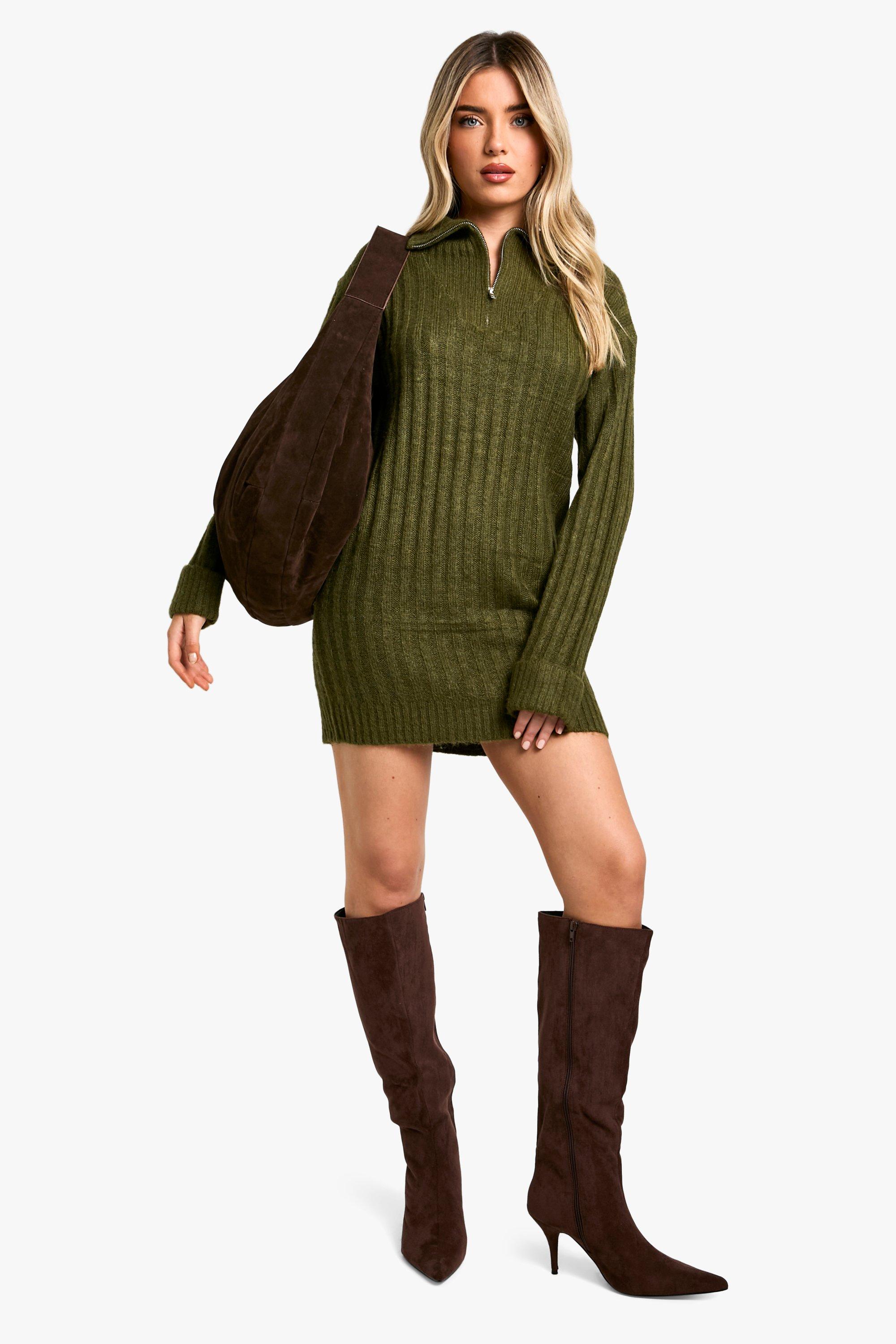 boohoo Soft Knit Rib Zip Neck Oversized Mini Sweater Dress Green Size S