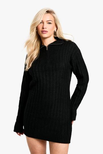 Soft Knit Rib Zip Neck Oversized Mini Dress black