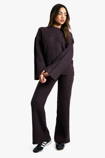 Zachte Gebreide Dik Geribbelde Oversized Trui Met Crewneck En Gebreide Broek Set purple