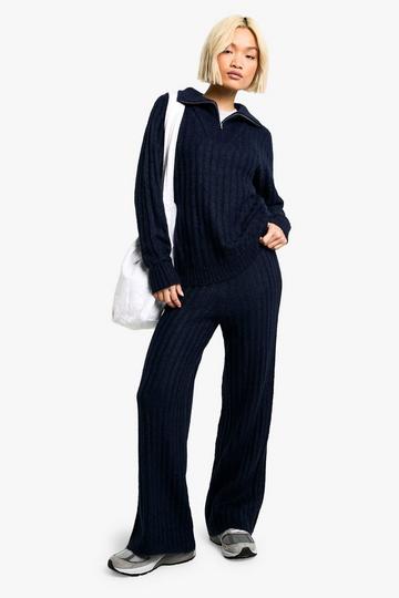 Navy Soft Knit Thick Rib Zip Neck Oversized Jumper And Wide Leg Trouser Set