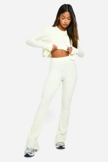 Cream White Soft Cable Knitted Cardigan, Crop Top And Flare Leg Trouser 3 Piece Set