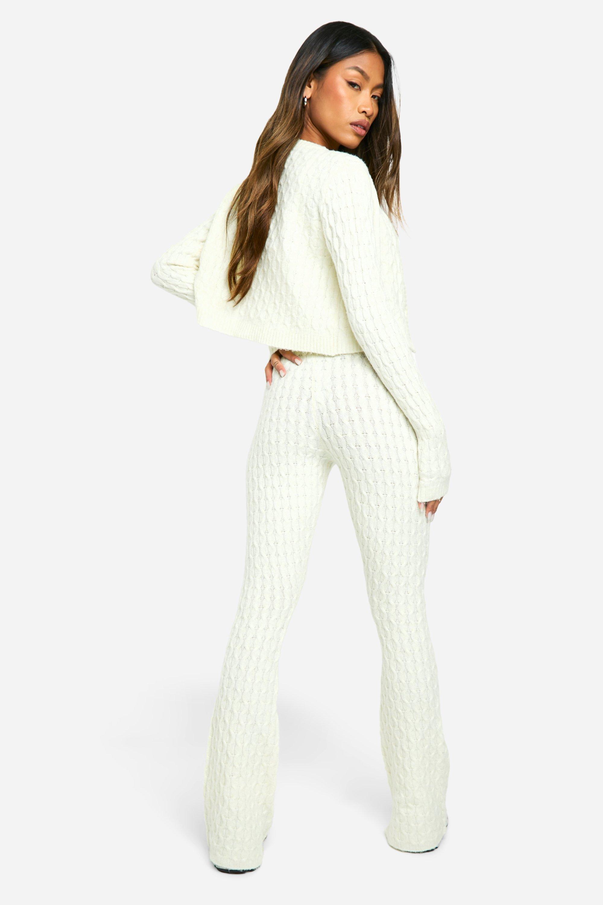 Soft Cable Knitted Cardigan Crop Top And Flare Leg Trouser 3 Piece Set boohoo IE
