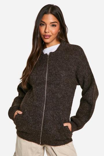 Chocolate Brown Oversized Zip Through Knitted Bomber Jacket