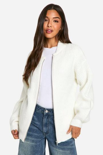 Oversized Zip Through Knitted Bomber Jacket off white