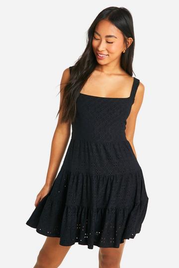 Black Eyelet Tiered Smock Dress