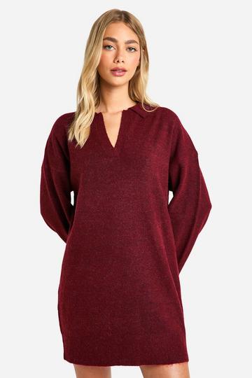 Soft Knit Fine Gauge Polo Collar Jumper Dress berry