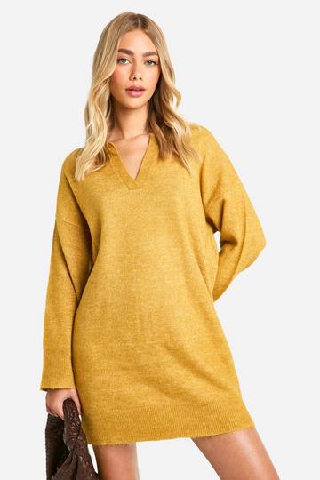 Mustard Yellow Soft Knit Fine Gauge Polo Collar Jumper Dress