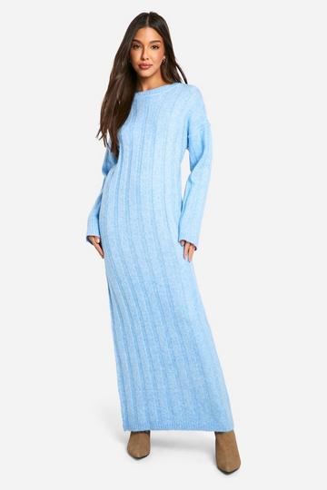 Blue Wide Soft Rib Knitted Maxi Dress