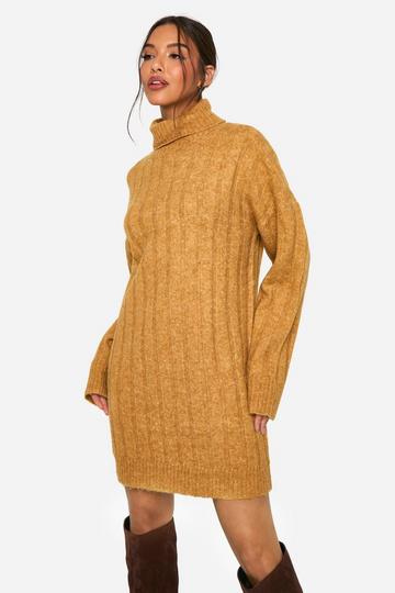 Wide Soft Rib Roll Neck Jumper Dress mustard