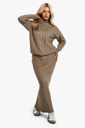 Wide Soft Rib Roll Neck Jumper And Maxi Skirt Co-ord mocha