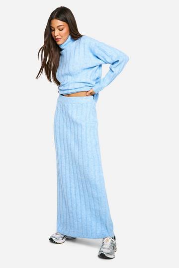 Blue Wide Soft Rib Roll Neck Jumper And Maxi Skirt Co-ord