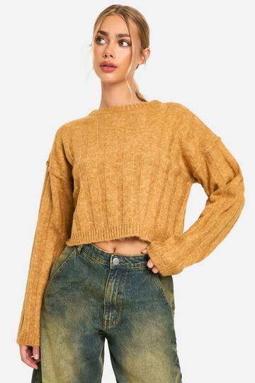 Zachte Geribbelde Crop Top Met Naaddetail mustard