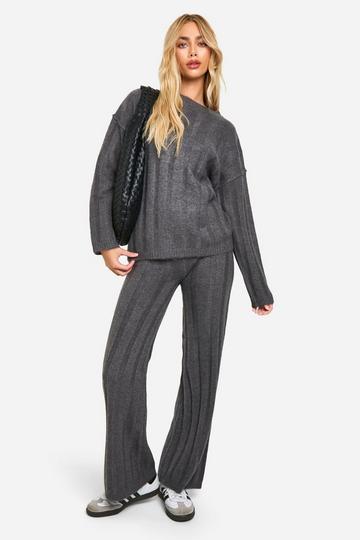 Zachte Geribbelde Trui Met Naaddetail En Wide Leg Broek Set charcoal