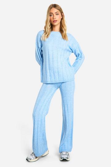 Zachte Geribbelde Trui Met Naaddetail En Wide Leg Broek Set baby blue