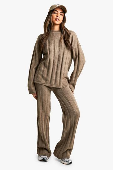 Soft Wide Rib Exposed Seam Jumper And Wide Leg Co-ord mocha