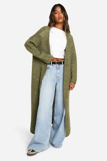 Soft Rib Knit Edge To Esge Maxi Cardigan khaki