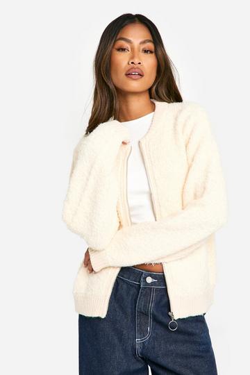 Soft Knit Boucle Bomber Cardigan ecru