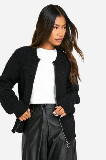 Black Soft Knit Boucle Bomber Cardigan