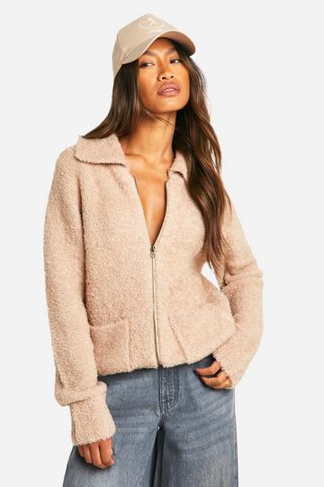 Camel Beige Zachte Gebreide Bouclé Cardigan Met Rits En Kraag