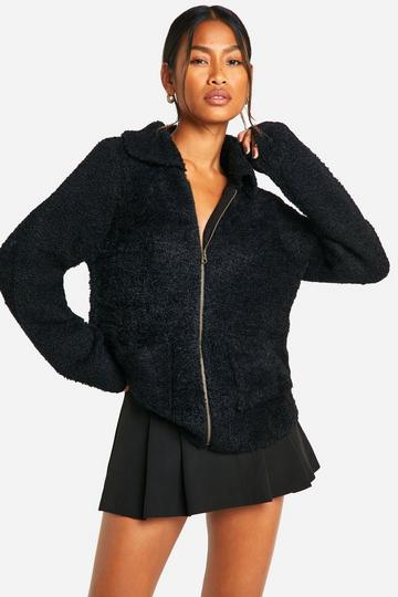 Black Soft Knit Boucle Zip Through Collared Cardigan