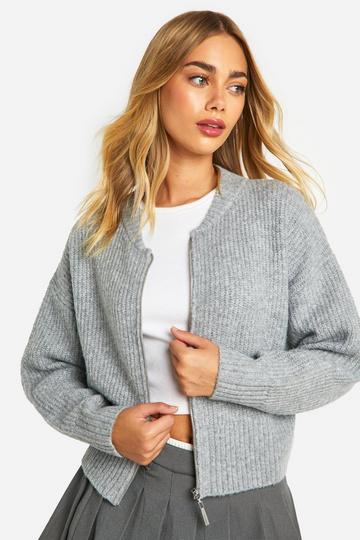 Chunky Rib Edge Bomber Cardigan grey