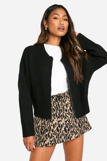 Black Chunky Rib Edge Bomber Cardigan