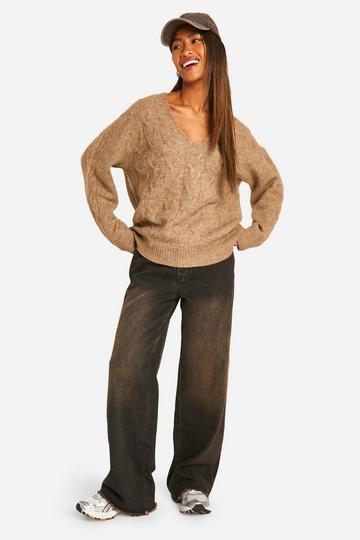 Camel Beige V Neck Soft Knit Cable Sweater