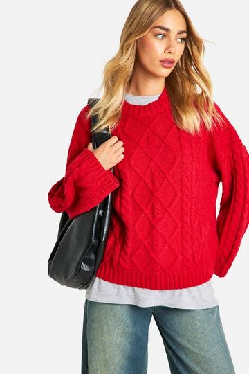 Red Exposed Seam Cable Knit Jumper