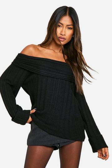 Rib Neckline Bardot Longline Jumper black