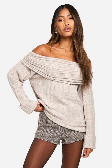 Rib Neckline Bardot Longline Jumper stone