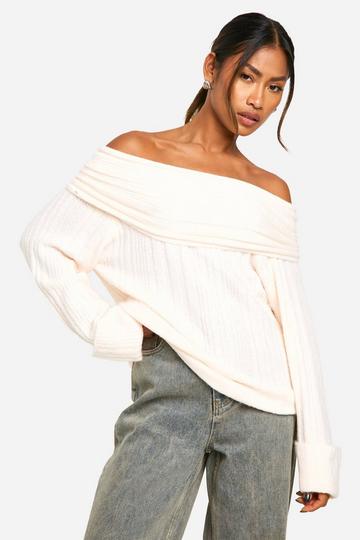 Rib Neckline Bardot Longline Jumper cream