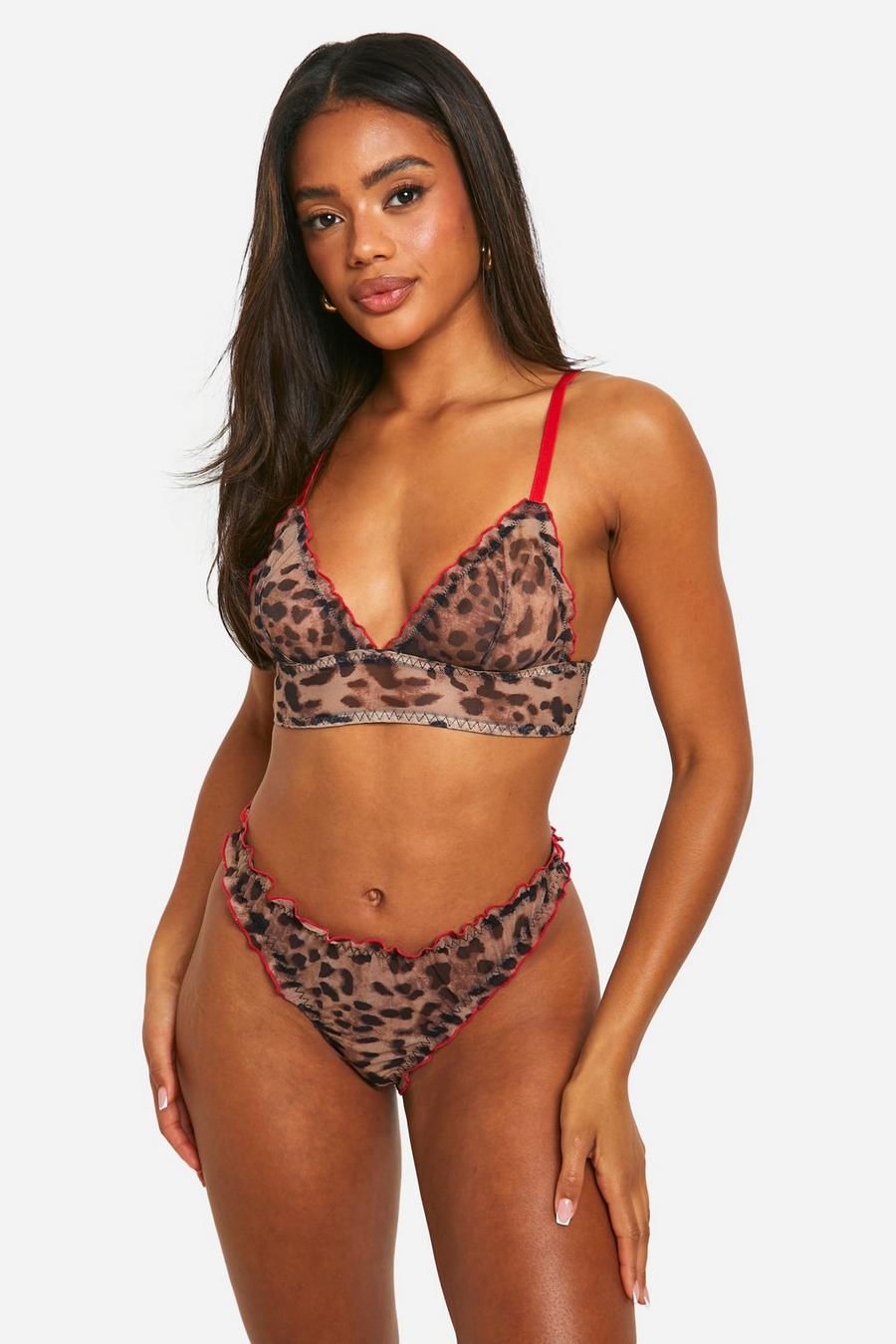 Leopard Frill Edge Mesh Bralet And Brief  image number 1